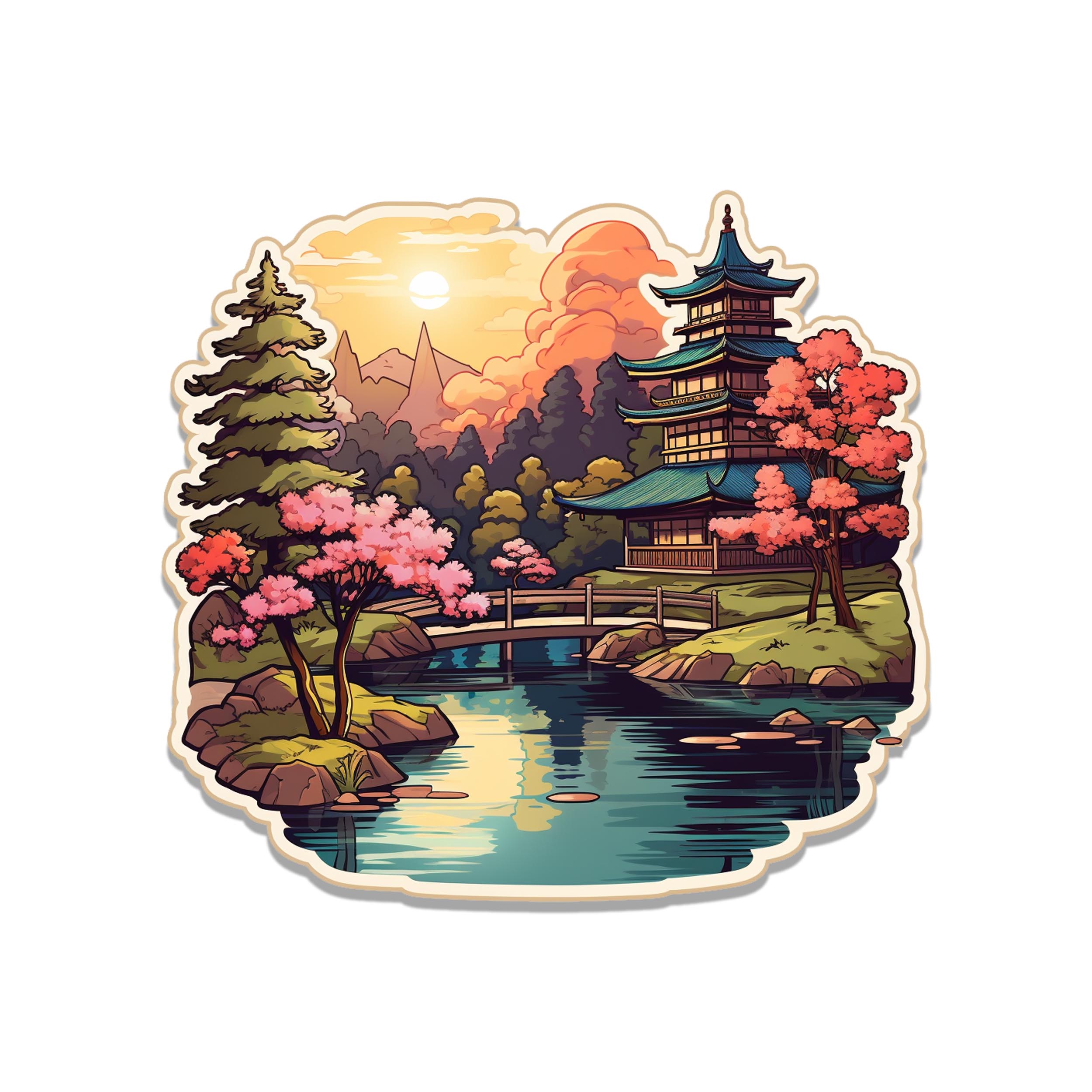 Sunset pagoda Japanese-garden vinyl with pink cherry blossoms, koi pond, wooden bridge, and pine tree
