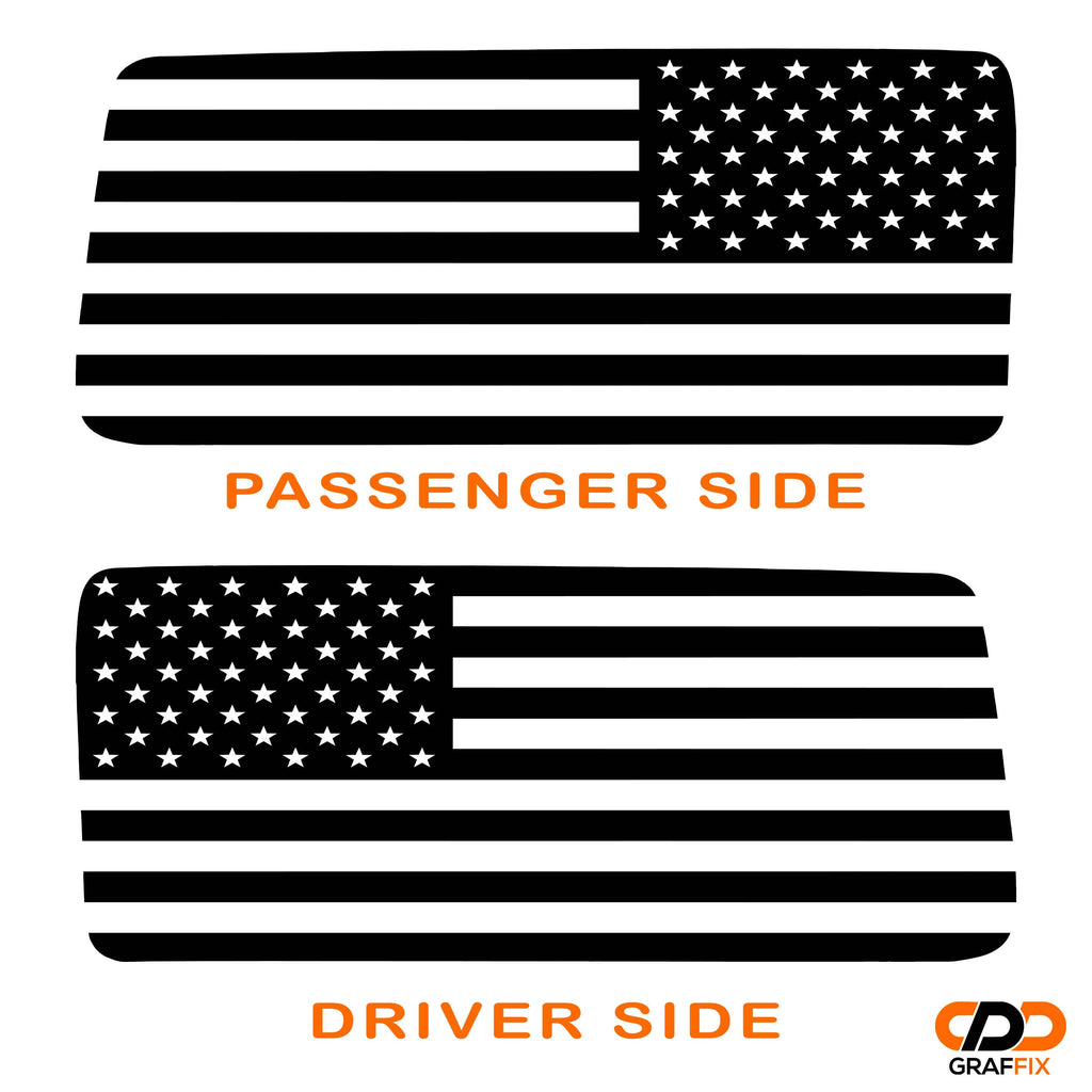 Black American flag window decal applied to Jeep Wrangler JK 2-door hardtop side window