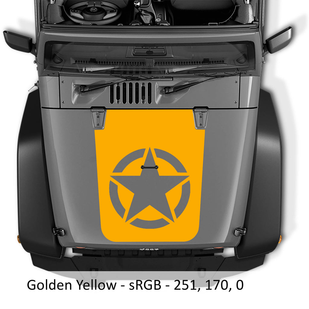 Golden yellow Alpha Romeo military star blackout hood vinyl decal on Jeep JK Wrangler