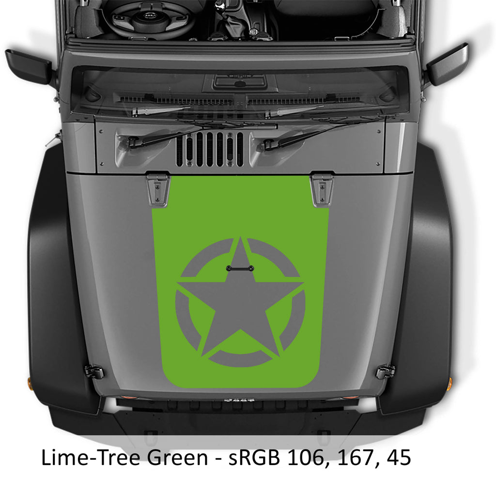 Lime green Alpha Romeo military star blackout hood decal pictured on Jeep JK JKU hood