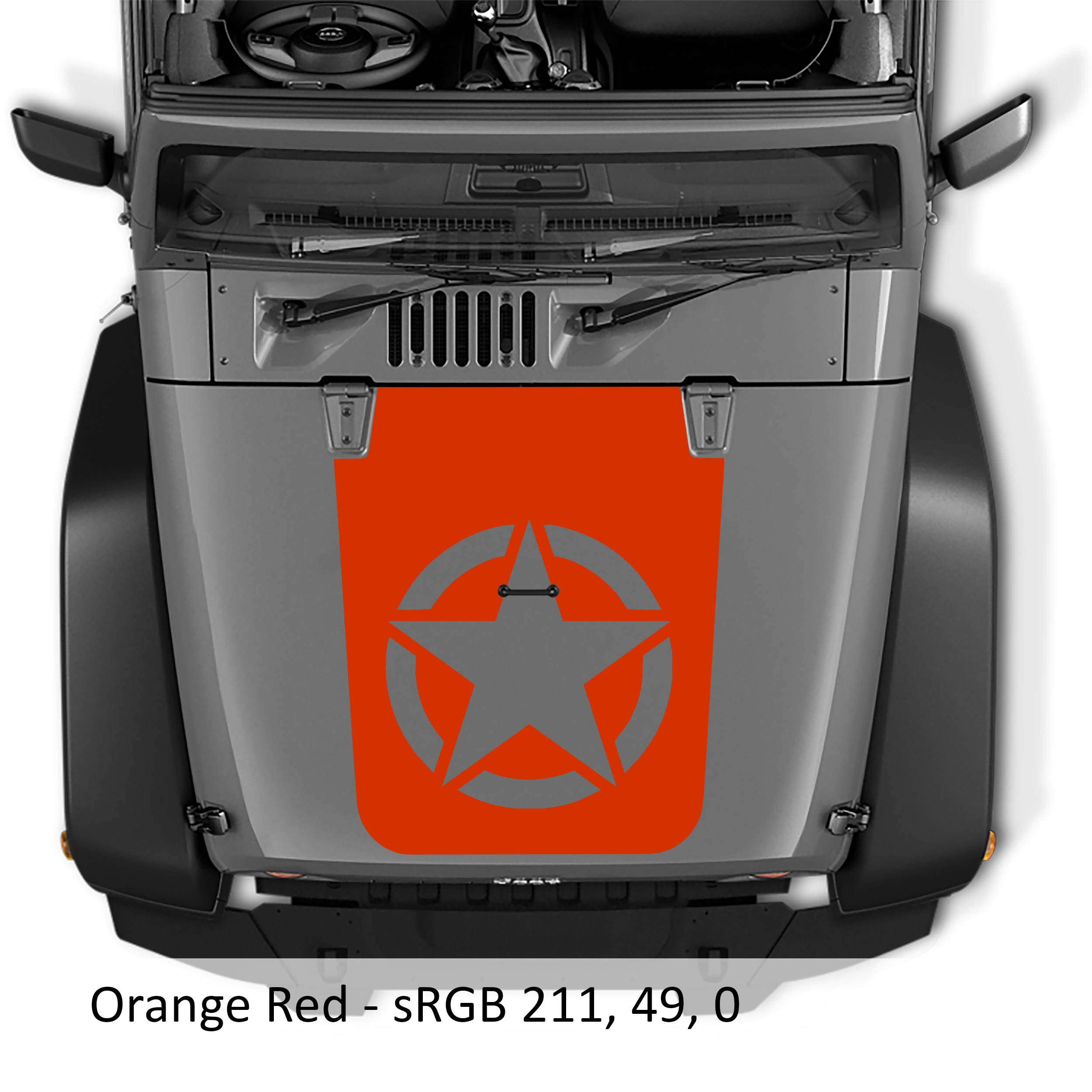 Orange red Alpha Romeo military star blackout hood vinyl decal on Jeep JK Wrangler hood