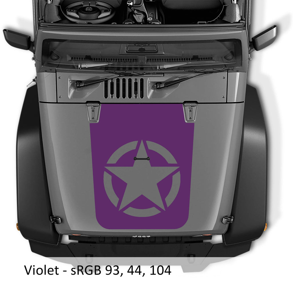 Violet Alpha Romeo military star blackout hood vinyl decal pictured on Jeep JK Wrangler
