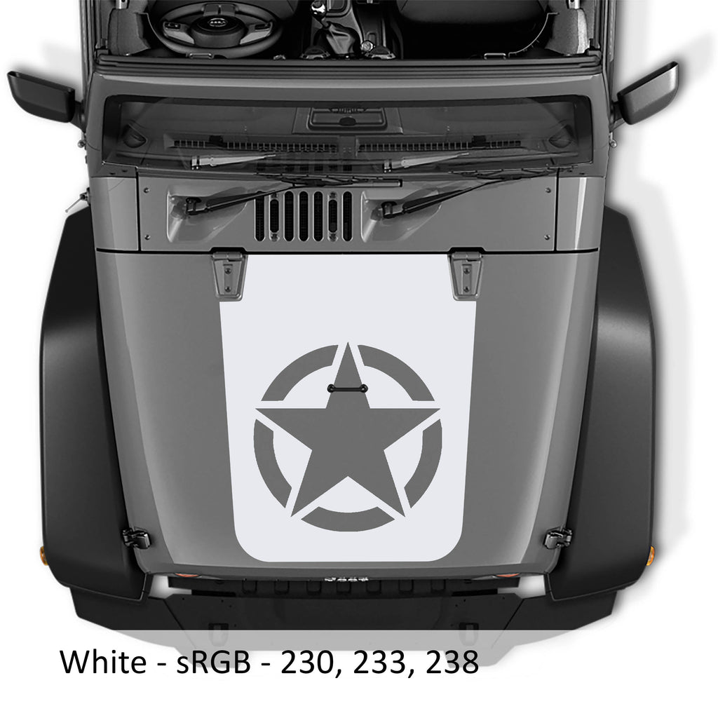 White Alpha Romeo military star blackout hood decal pictured on Jeep JK Wrangler