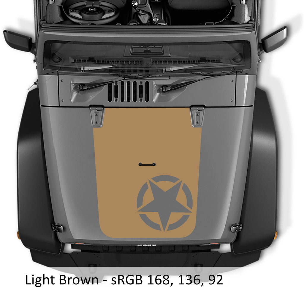 Light brown Alpha Romeo Star V2 blackout hood decal on Jeep JK JKU Wrangler hood