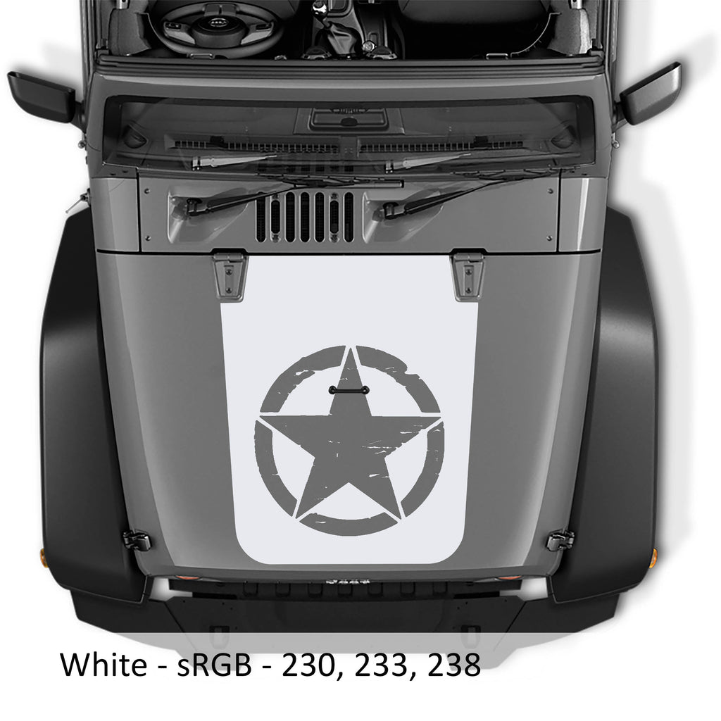 White distressed Alpha Romeo star blackout hood vinyl decal pictured on Jeep JK Wrangler