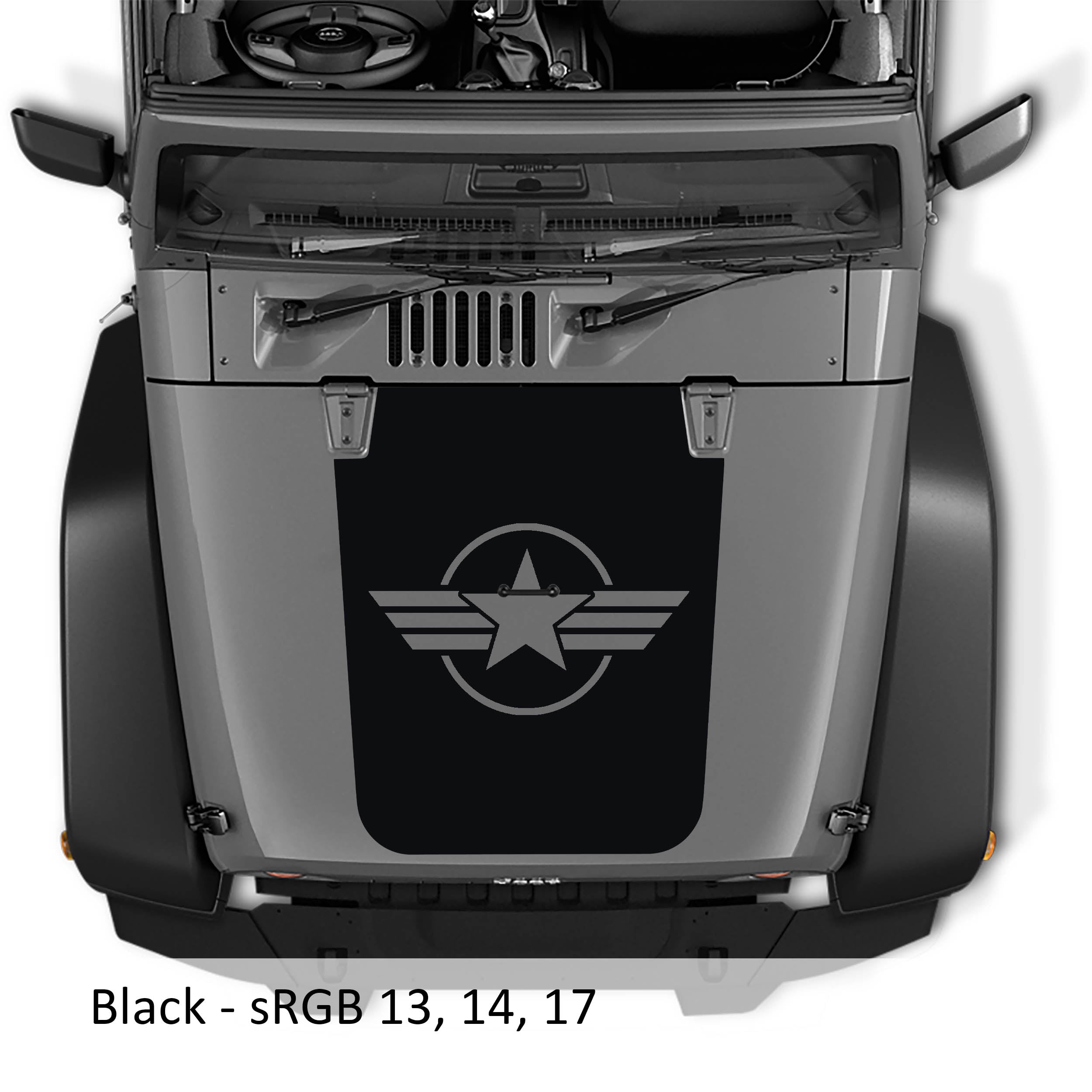 Black Military Roundel Star blackout hood decal on silver Jeep Wrangler JK with circled star and side stripes