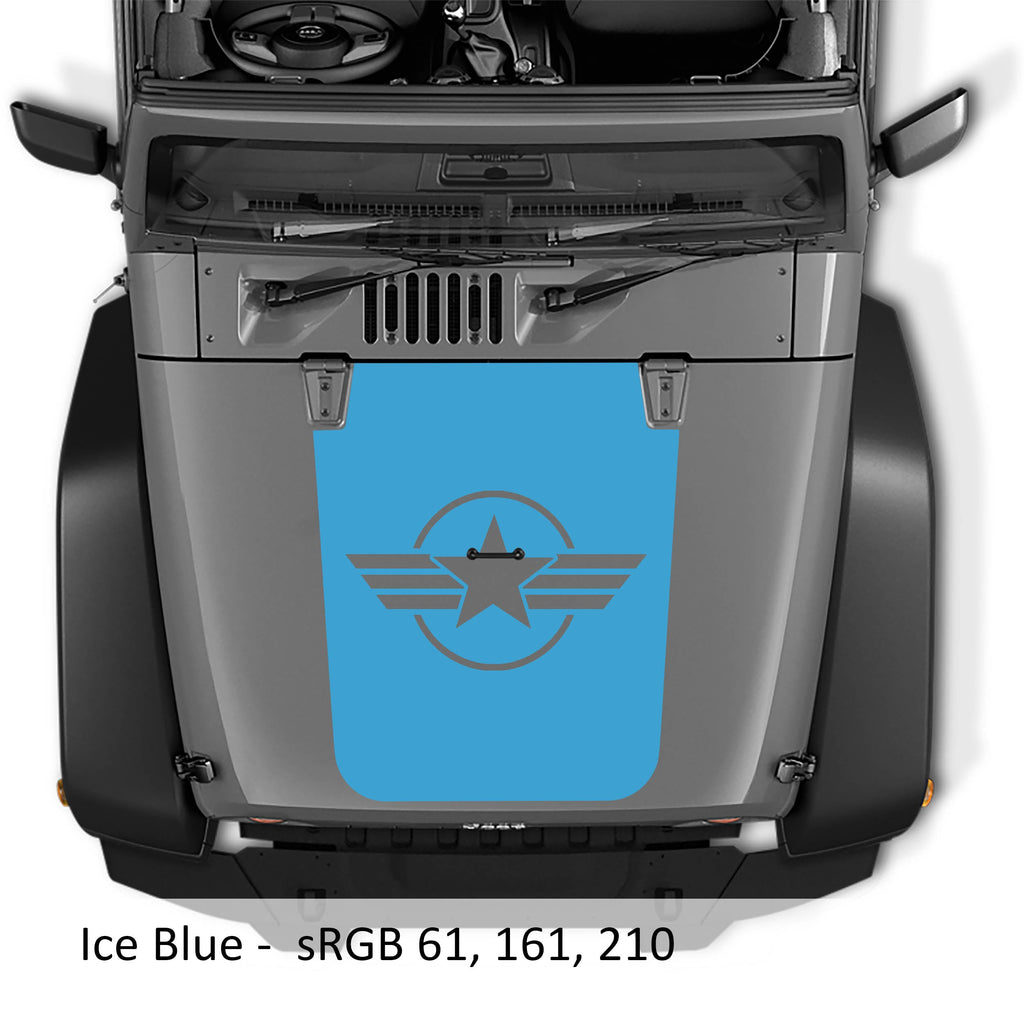 Ice blue Military Roundel Star blackout hood decal on silver Jeep Wrangler JK with circled star and stripes