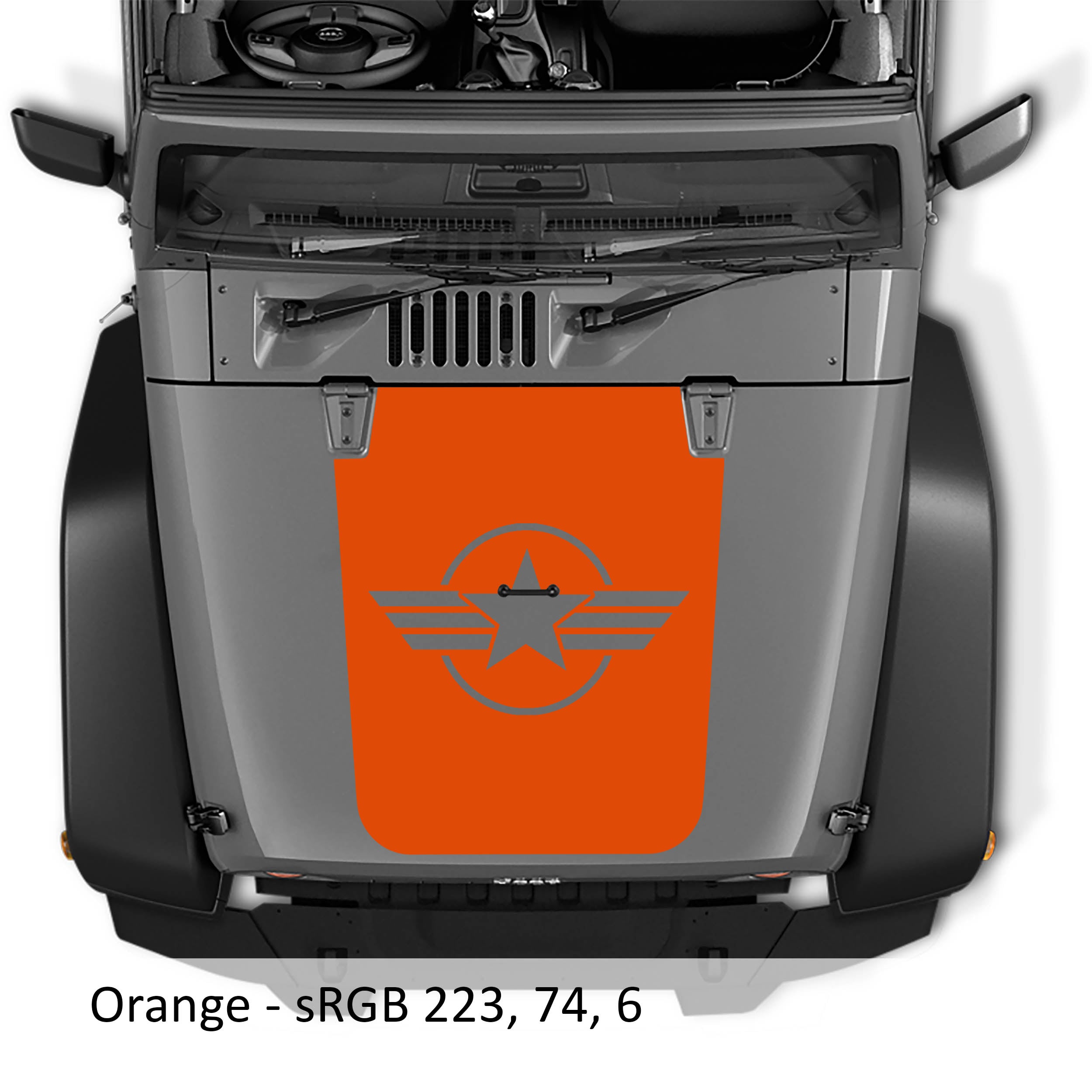 Orange Military Roundel Star blackout hood decal on silver Jeep Wrangler JK with circled star and side stripes