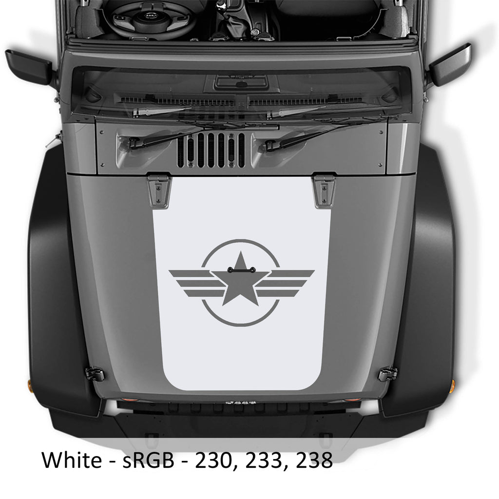 White Military Roundel Star blackout hood decal on silver Jeep Wrangler JK with circled star and twin stripes