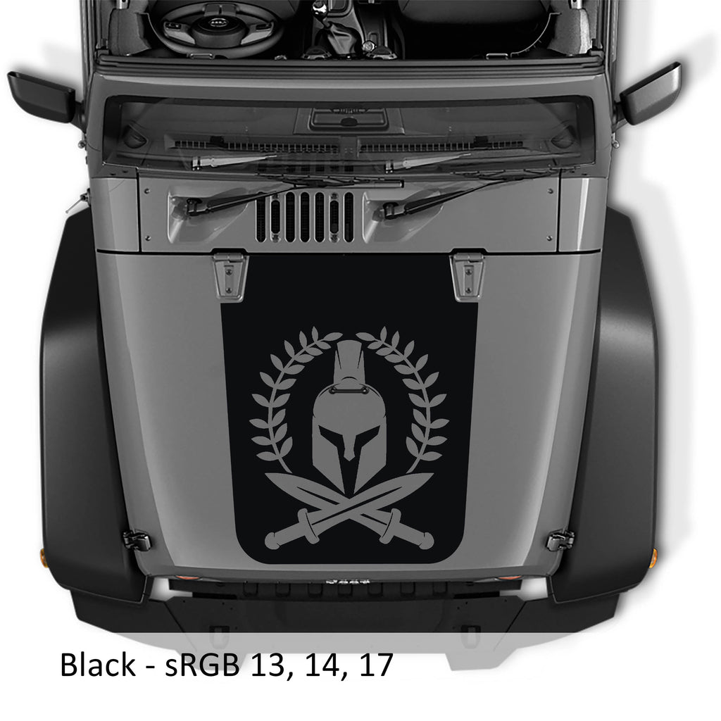 Black Spartan Leaf blackout hood decal on silver Jeep Wrangler JK with helmet laurel wreath and crossed swords