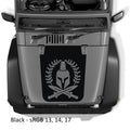 Black Spartan Leaf blackout hood decal on silver Jeep Wrangler JK with helmet laurel wreath and crossed swords