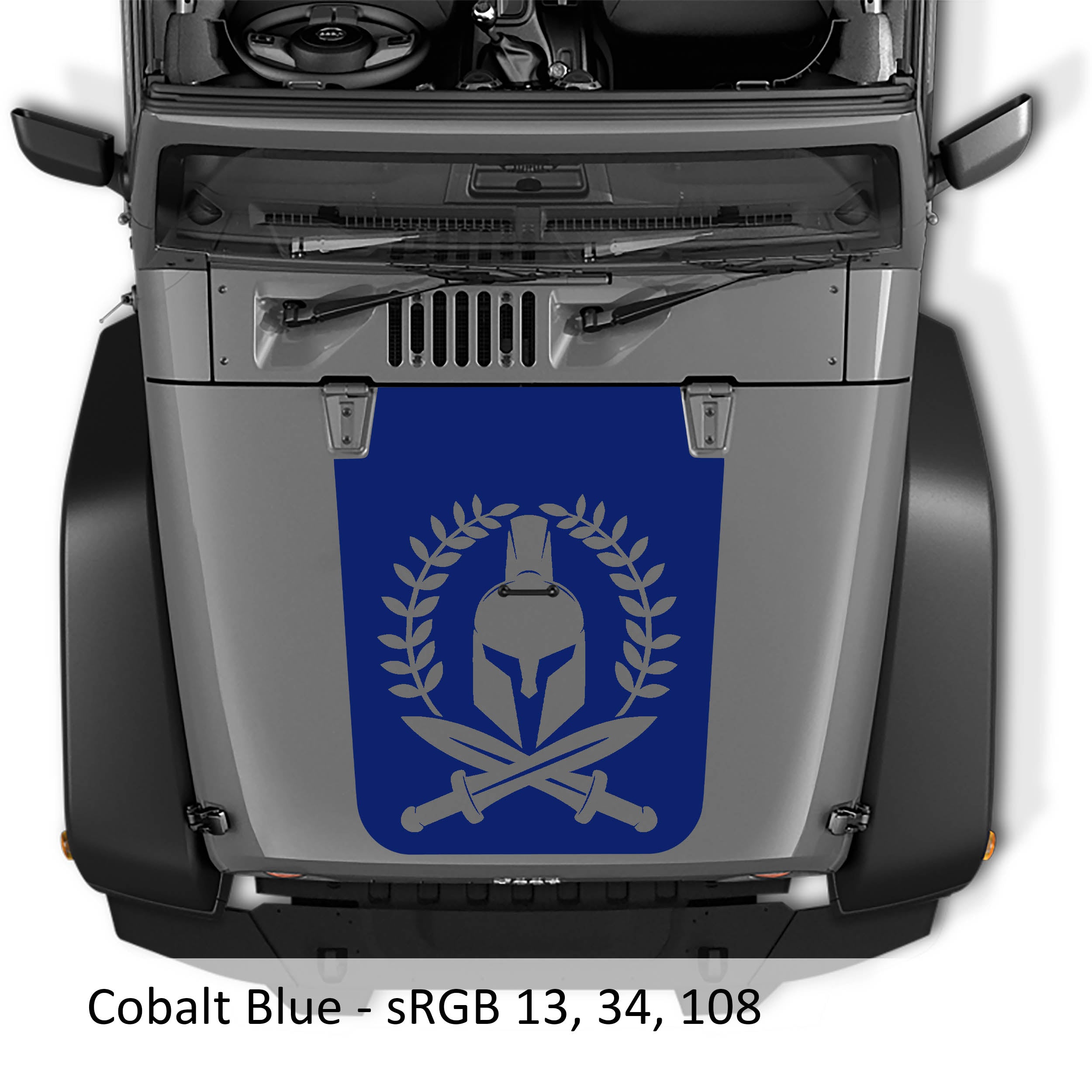 Cobalt blue Spartan Leaf blackout hood decal on silver Jeep Wrangler JK with helmet wreath and swords art