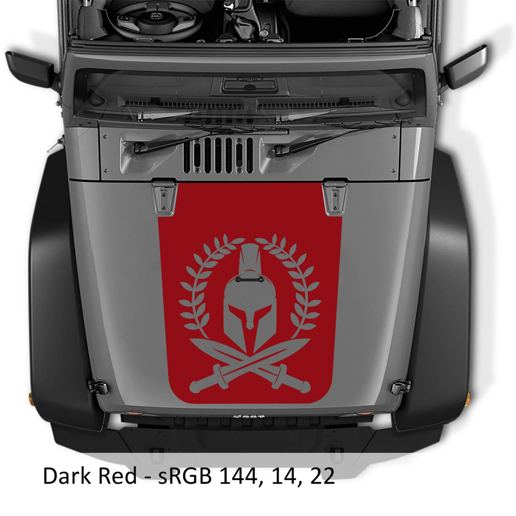 Dark red Spartan Leaf blackout hood decal on silver Jeep Wrangler JK with helmet laurel and crossed swords