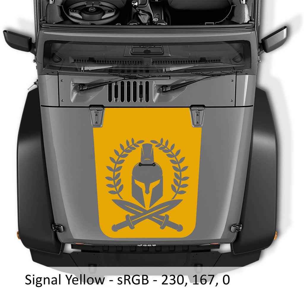 Signal yellow Spartan Leaf blackout hood decal on silver Jeep Wrangler JK with helmet wreath and swords art