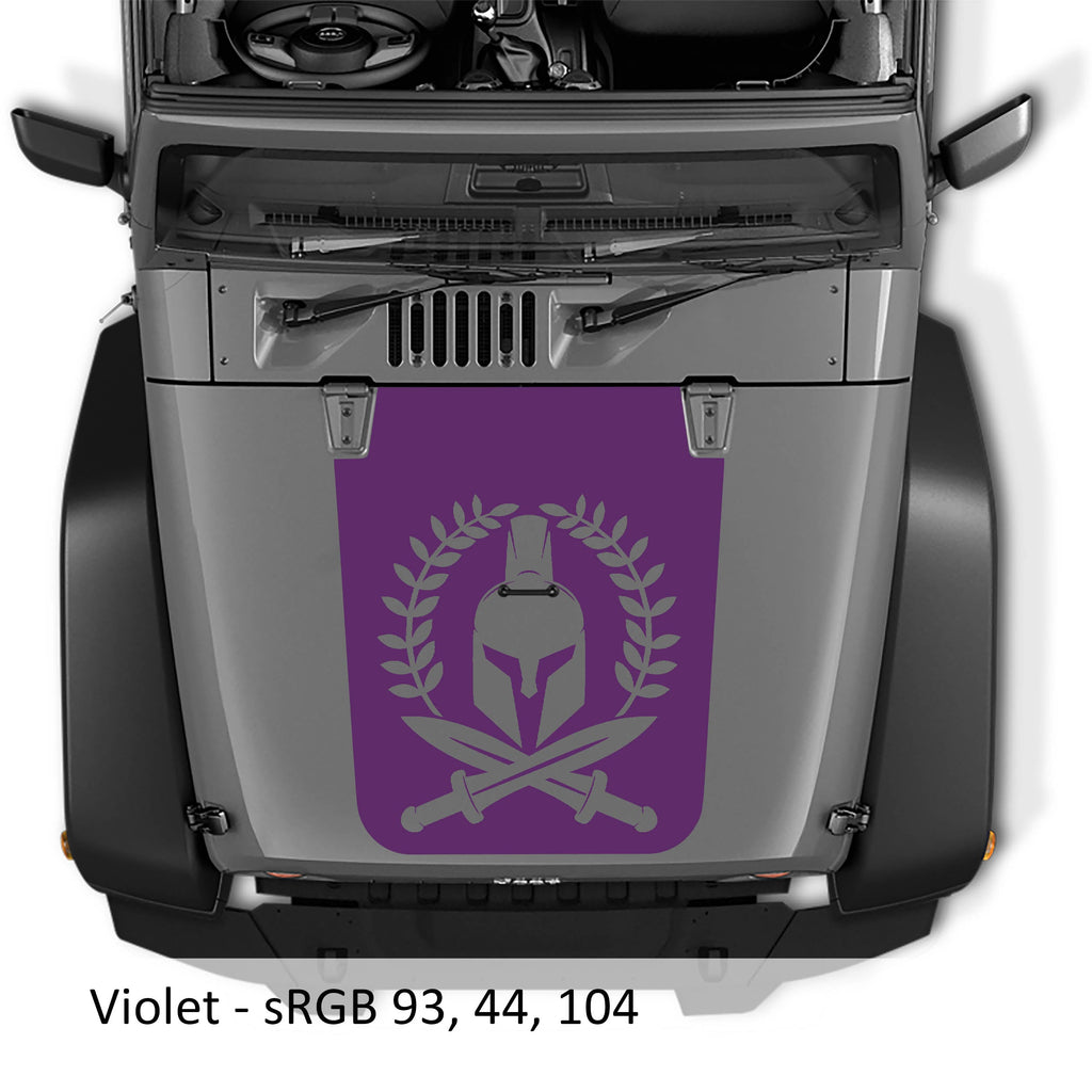 Violet Spartan Leaf blackout hood decal on silver Jeep Wrangler JK showing helmet wreath and crossed swords