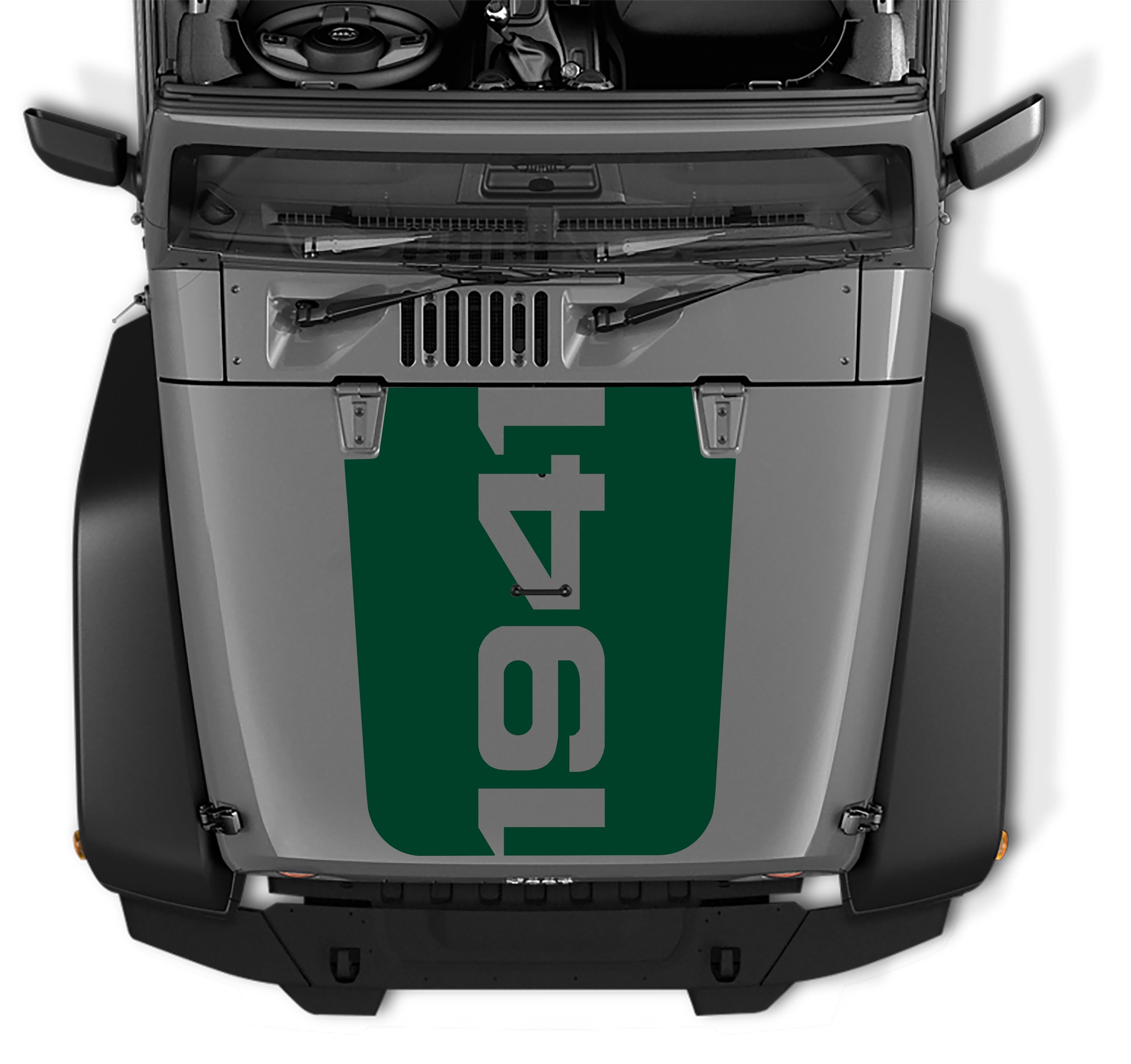 JK 1941 Jeep Wrangler hood blackout decal in dark green vinyl with vertical 1941 text on backing
