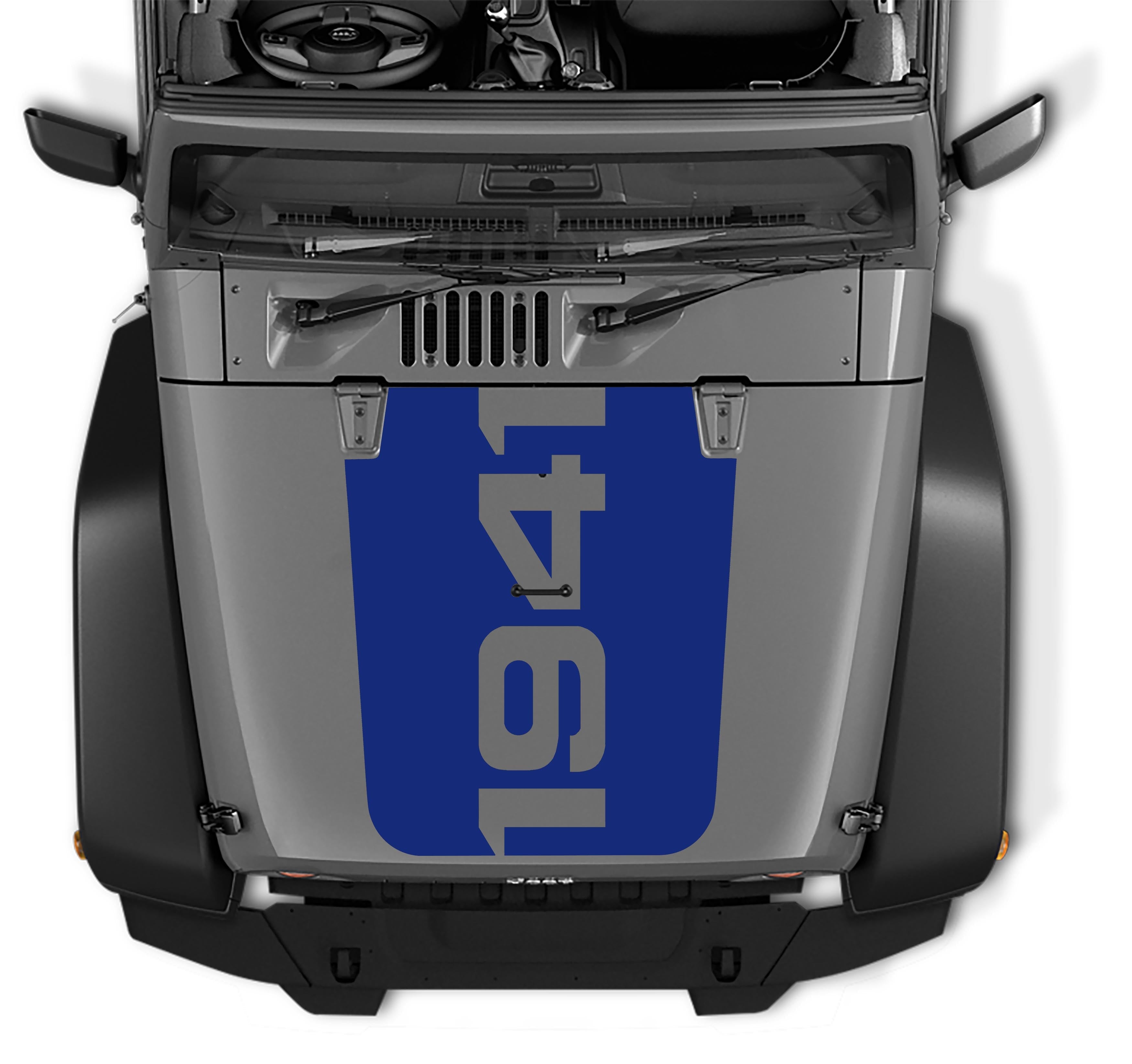 JK 1941 Jeep Wrangler hood blackout decal in KG blue vinyl with vertical 1941 text on backing