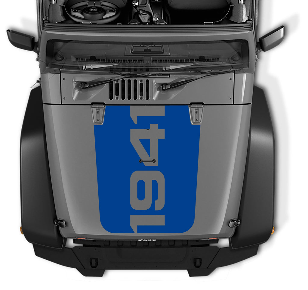 Turbo Blue 1941 throwback blackout hood vinyl decal applied on 2007-2017 Jeep Wrangler JK JKU