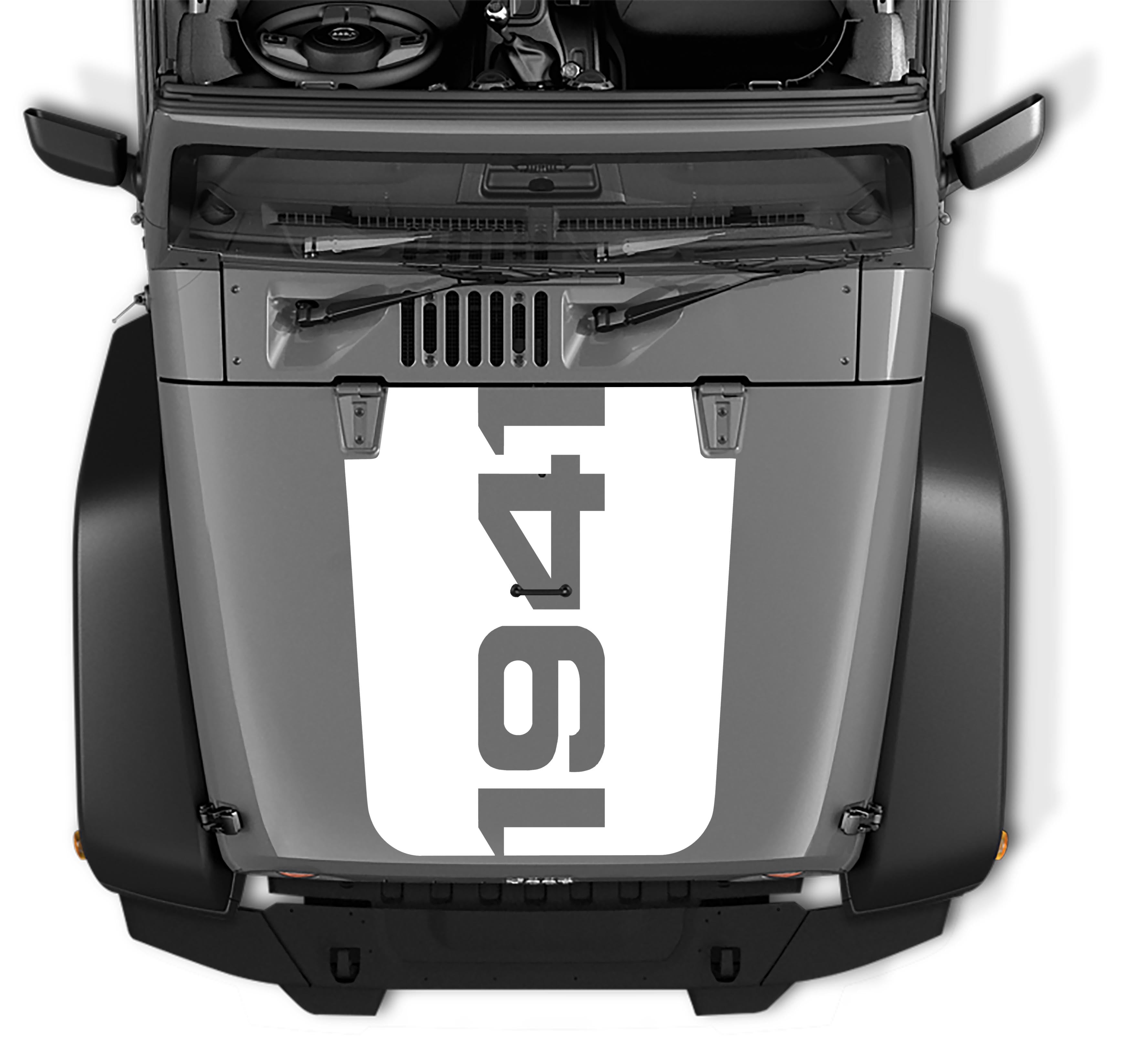 JK 1941 Jeep Wrangler hood blackout decal in white vinyl with vertical 1941 text on backing