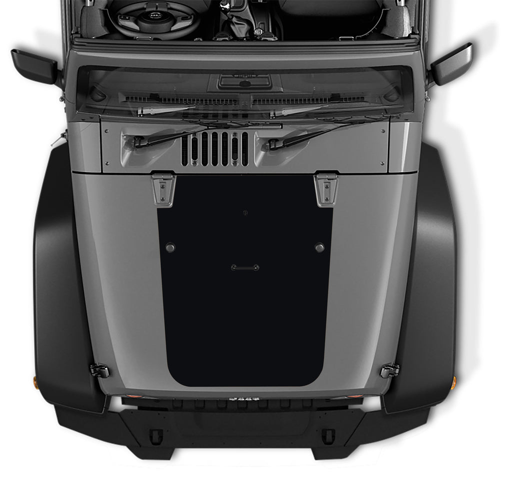 Black blackout hood vinyl decal applied to 2007-2017 Jeep Wrangler JK JKU hood center