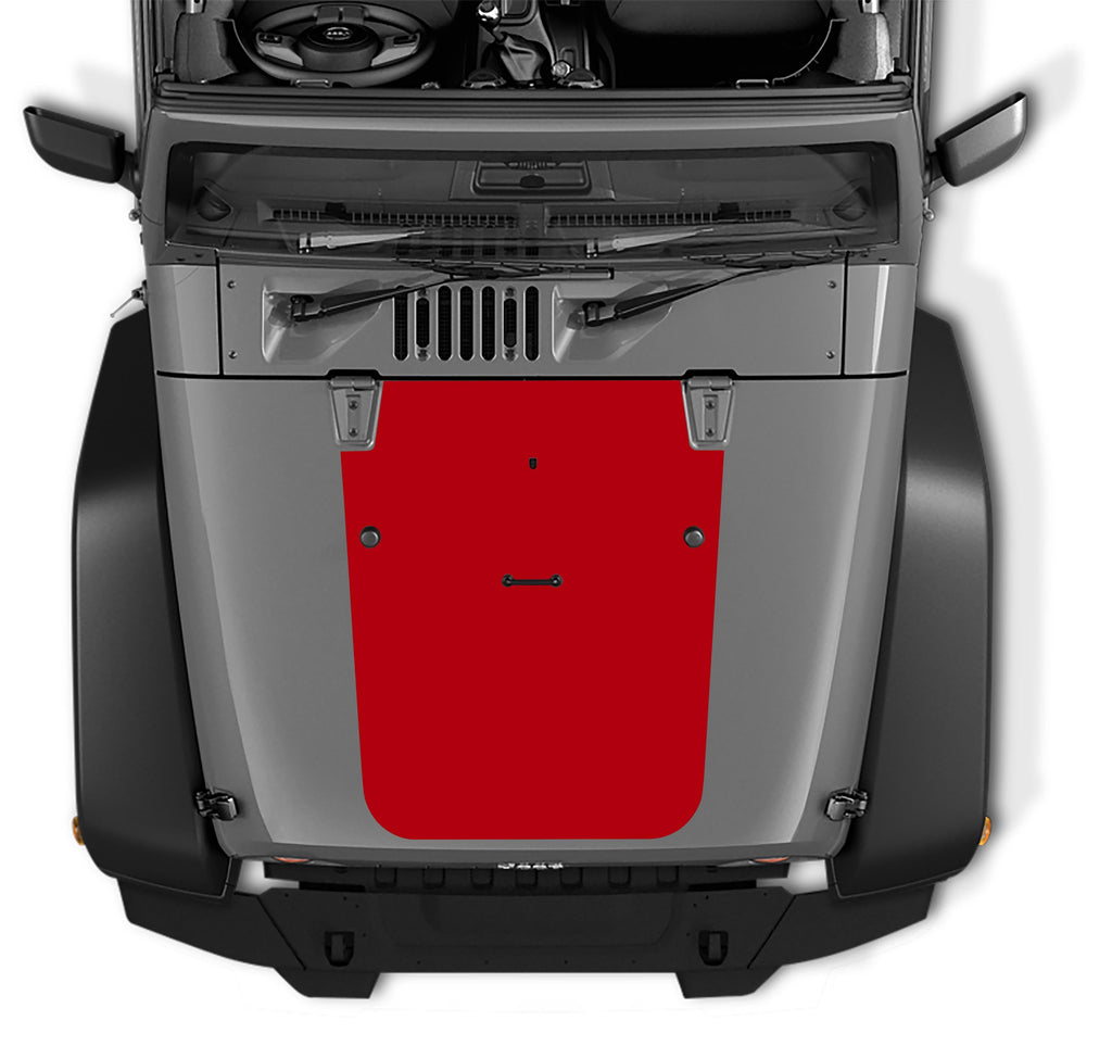 Red blackout hood vinyl decal applied to 2007-2017 Jeep Wrangler JK JKU hood center