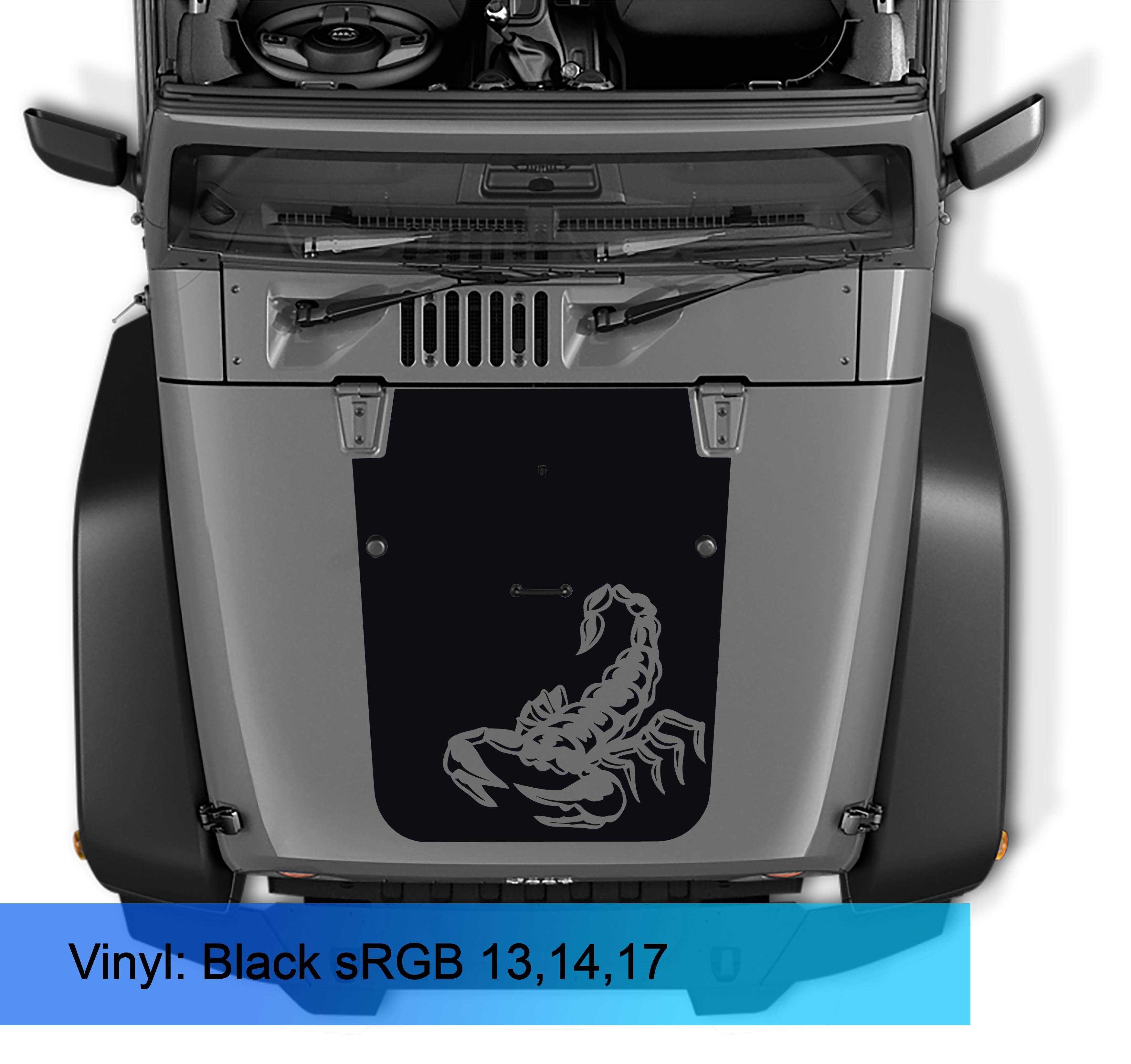 Black scorpion blackout hood vinyl decal on grey Jeep Wrangler JK JKU hood viewed from above