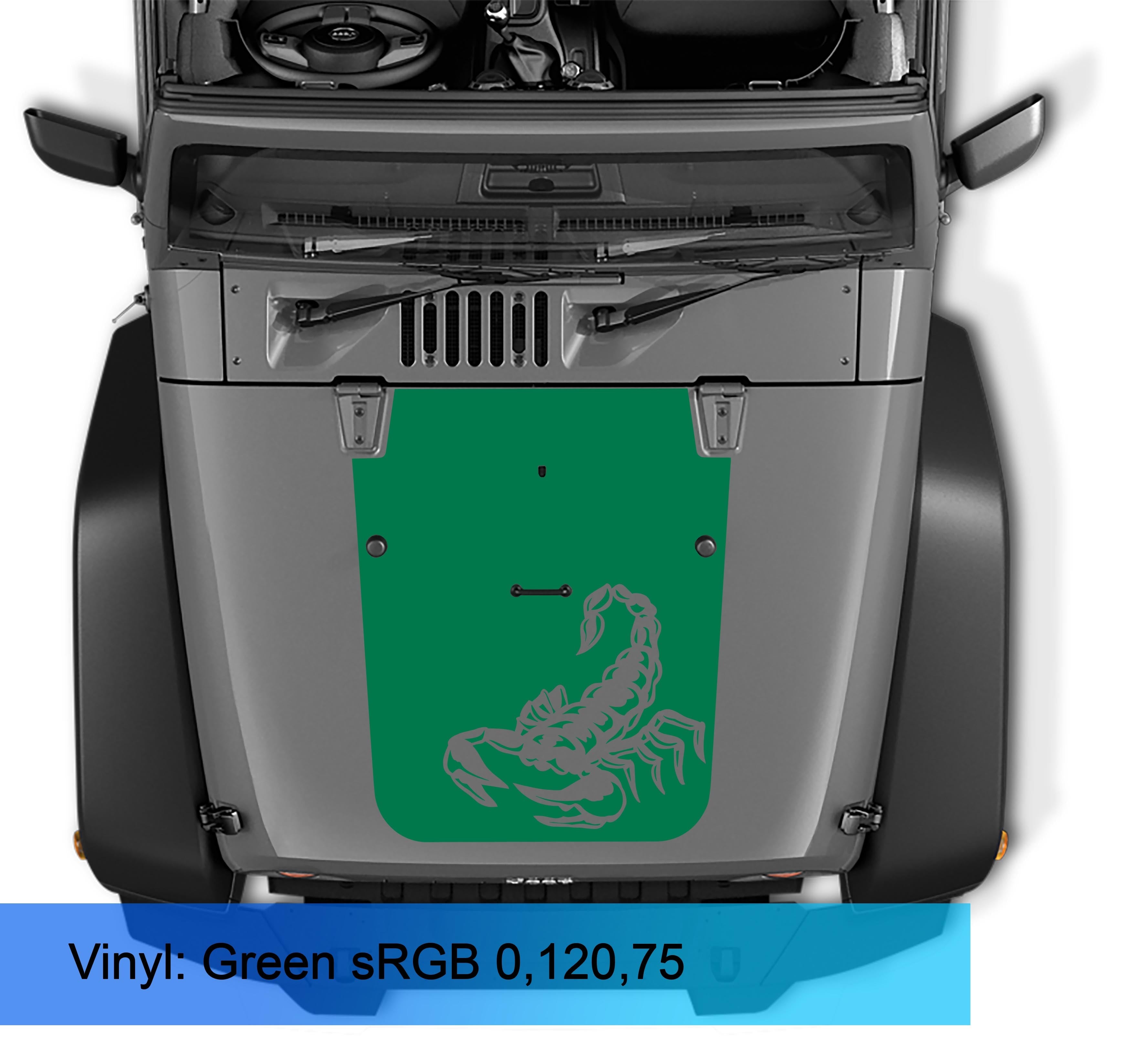 Gray scorpion blackout hood decal color swatch sample for Jeep Wrangler JK and JKU models