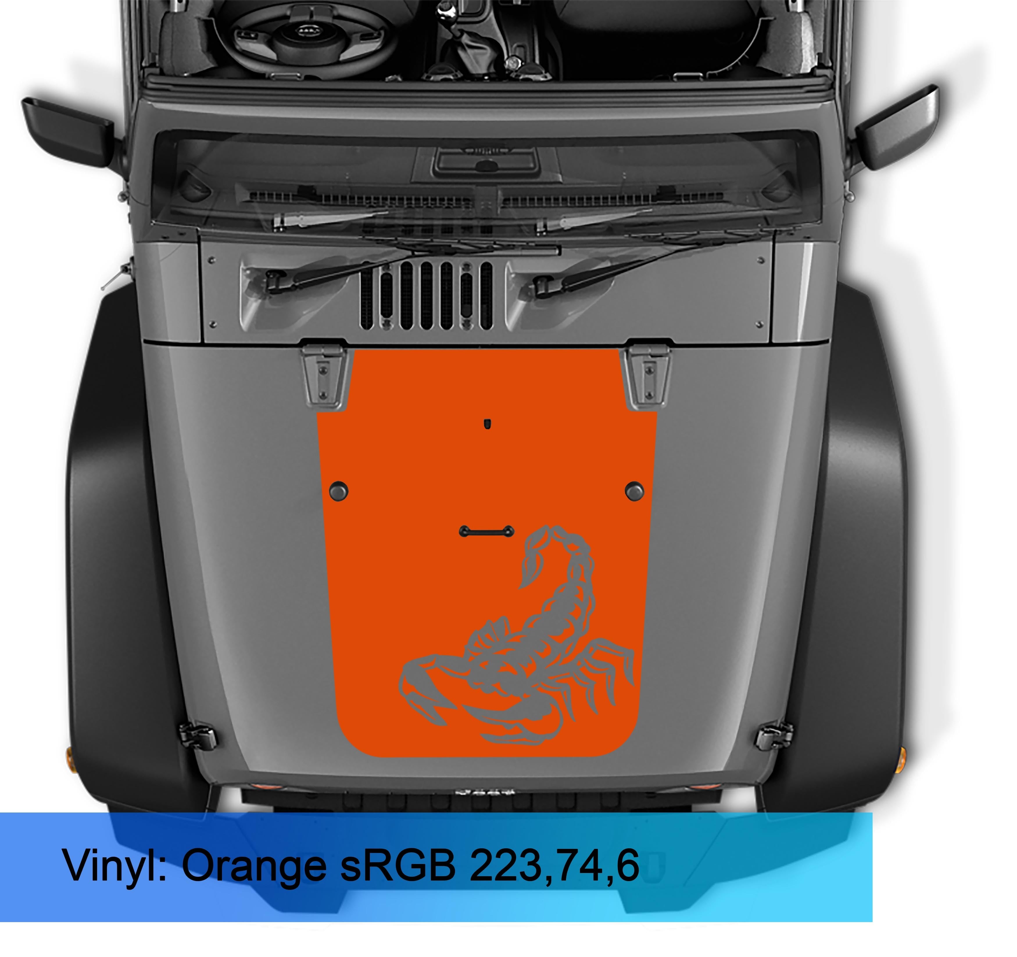 Orange scorpion blackout hood vinyl decal on grey Jeep Wrangler JK JKU hood viewed from above