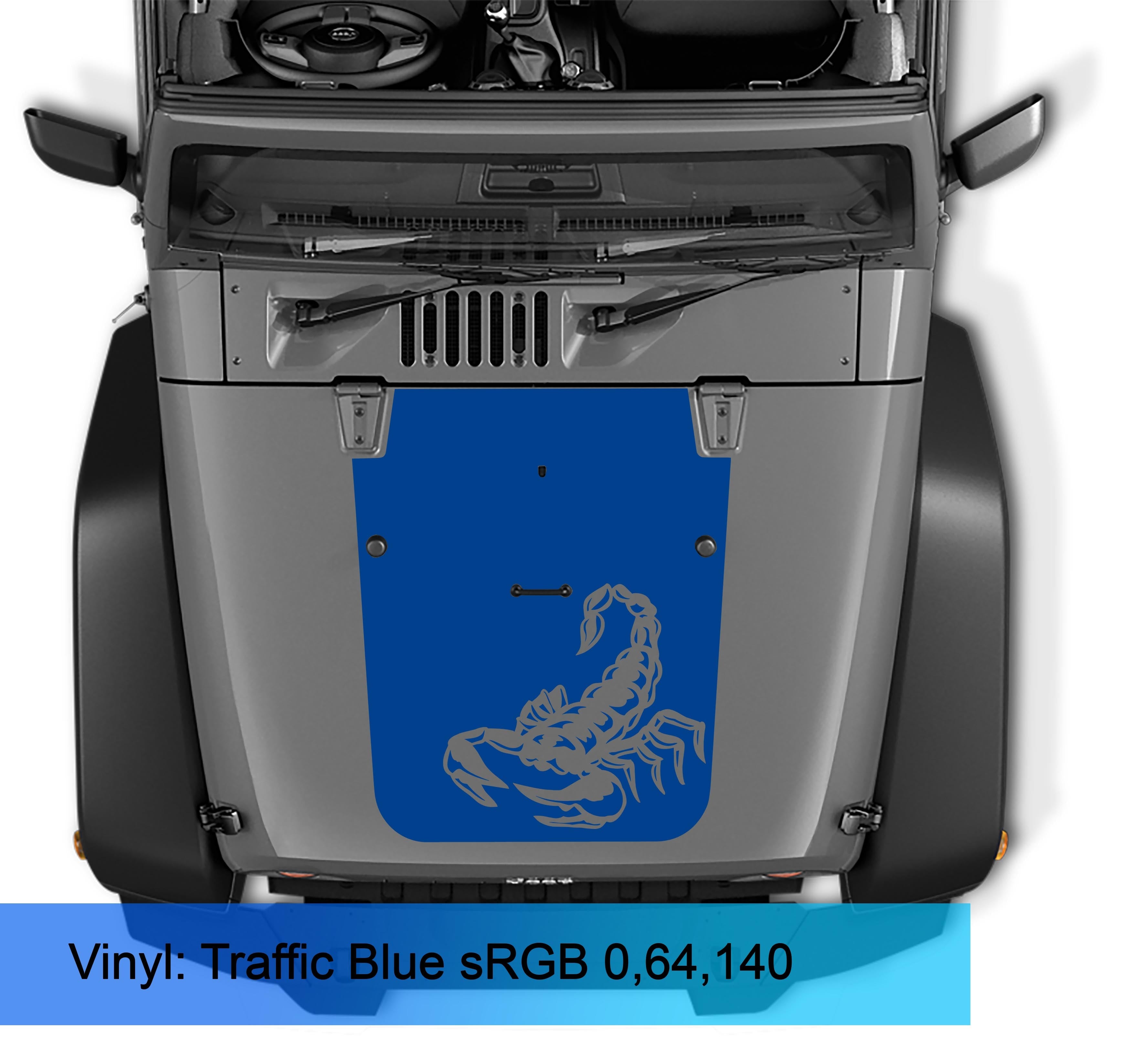 Turquoise blue scorpion blackout hood vinyl decal on grey Jeep Wrangler JK JKU hood from above