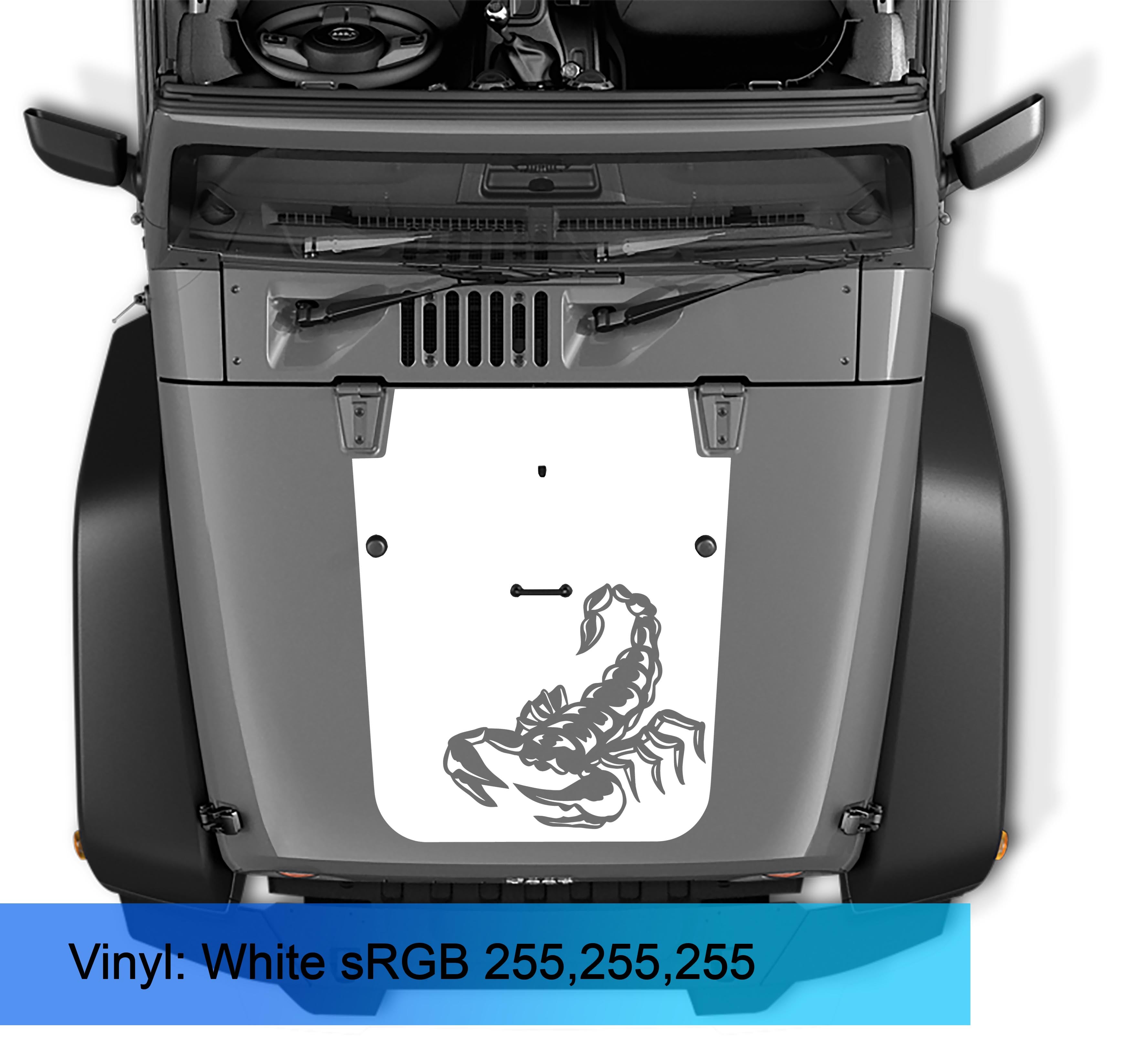 White scorpion blackout hood vinyl decal on grey Jeep Wrangler JK JKU hood viewed from above