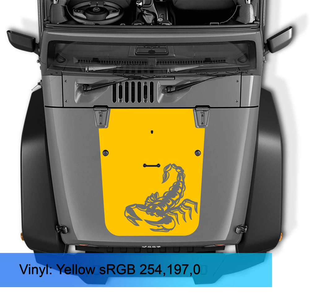 Yellow scorpion blackout hood vinyl decal on grey Jeep Wrangler JK JKU hood viewed from above