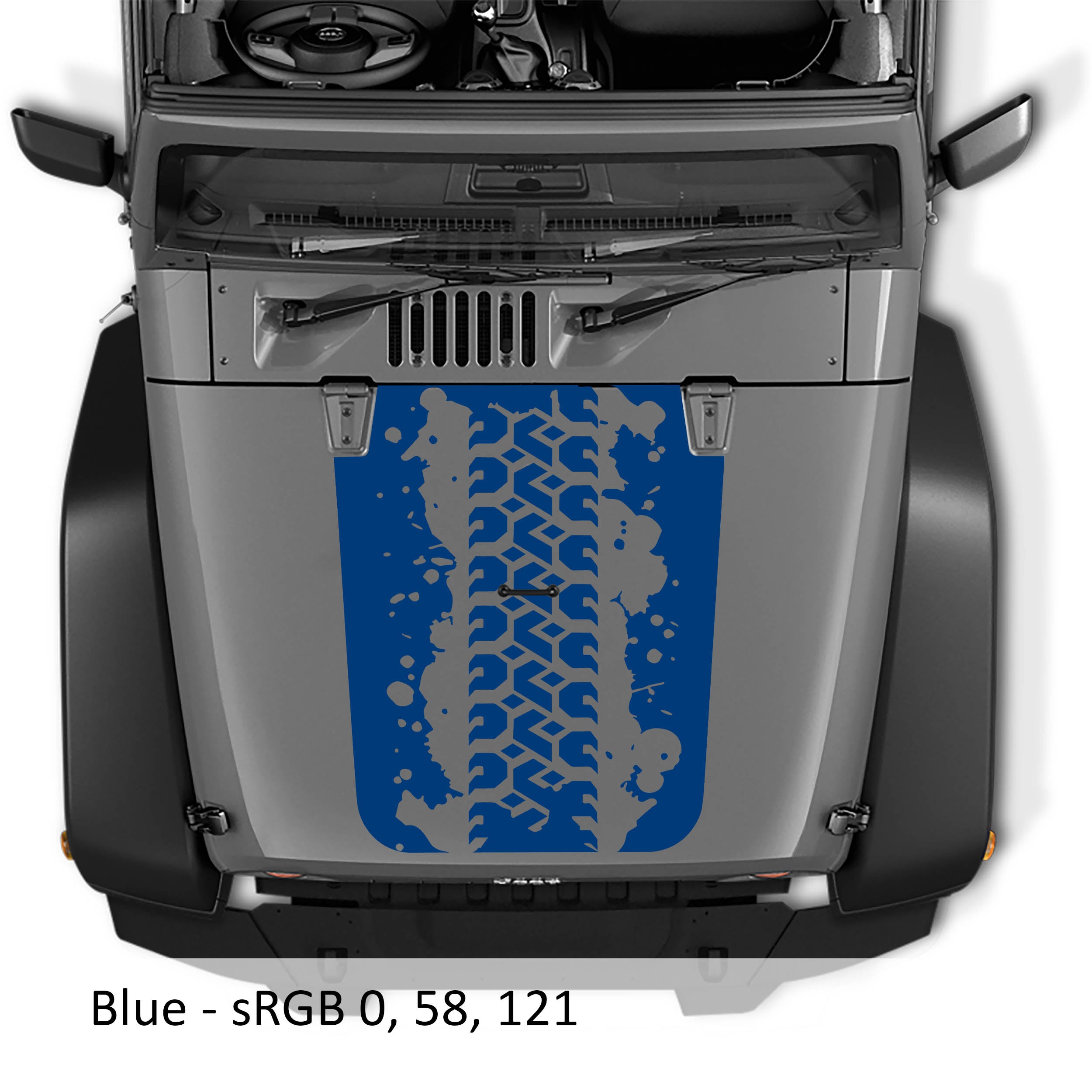 Light blue Mud Tire Track blackout hood decal on silver Jeep Wrangler JK with splattered tire tread artwork