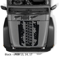 Black Mud Tire Track blackout hood decal on silver Jeep Wrangler JK showing splattered tread mark pattern art