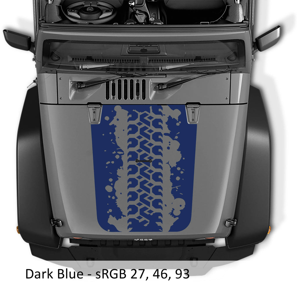Dark blue Mud Tire Track blackout hood decal on silver Jeep Wrangler JK with splattered tire tread mark art