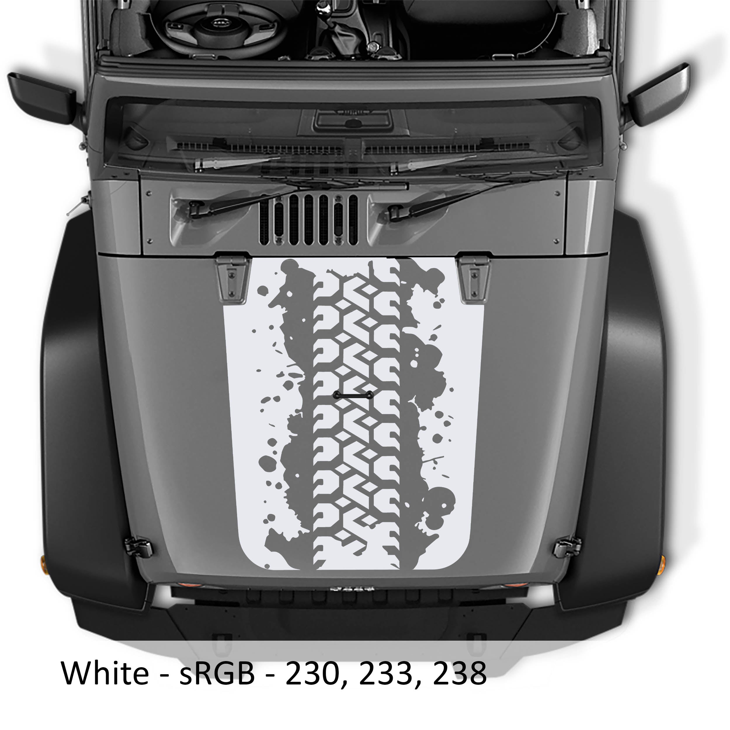 White Mud Tire Track blackout hood decal on silver Jeep Wrangler JK featuring splattered tire tread artwork