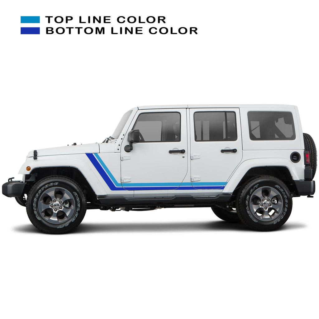 Light blue baby blue retro body stripe kit decal shown on white Jeep Wrangler JKU four door