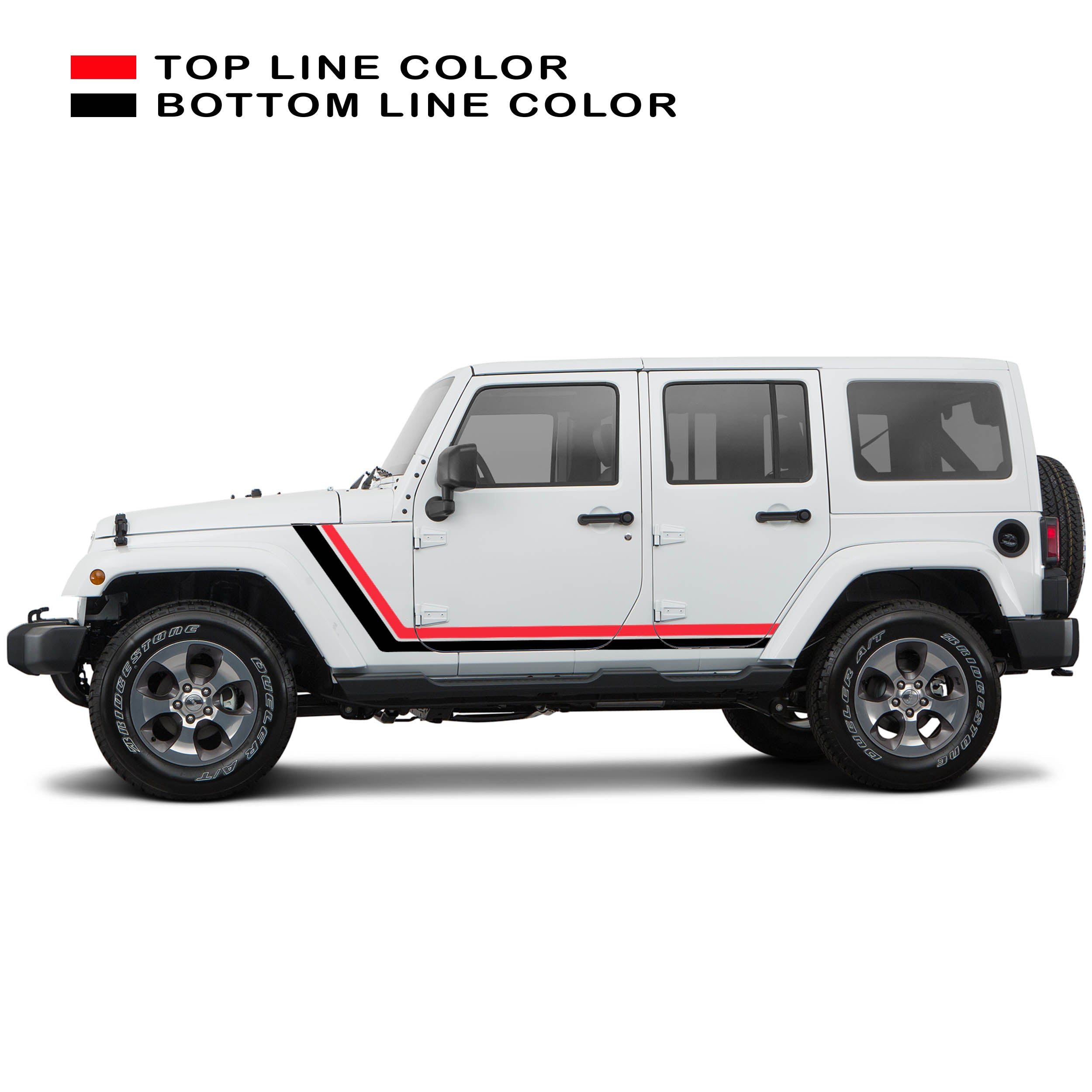 Red black retro body stripe kit decal shown on white Jeep Wrangler JKU 4 door side profile