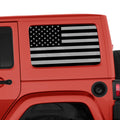 Black American flag transfer decal applied to JKU hardtop window pair on Jeep Wrangler shown installed