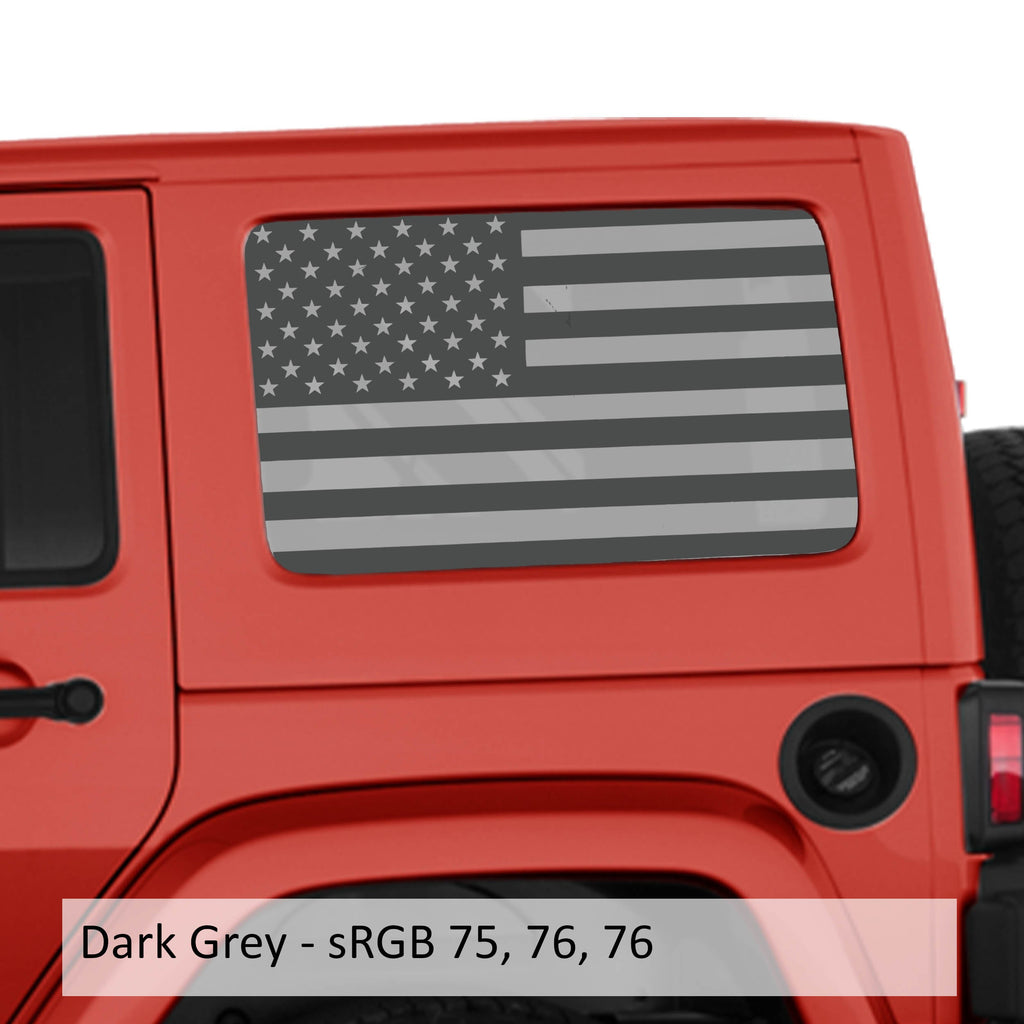Dark grey American flag transfer decal applied to JKU hardtop window pair on Jeep Wrangler shown installed
