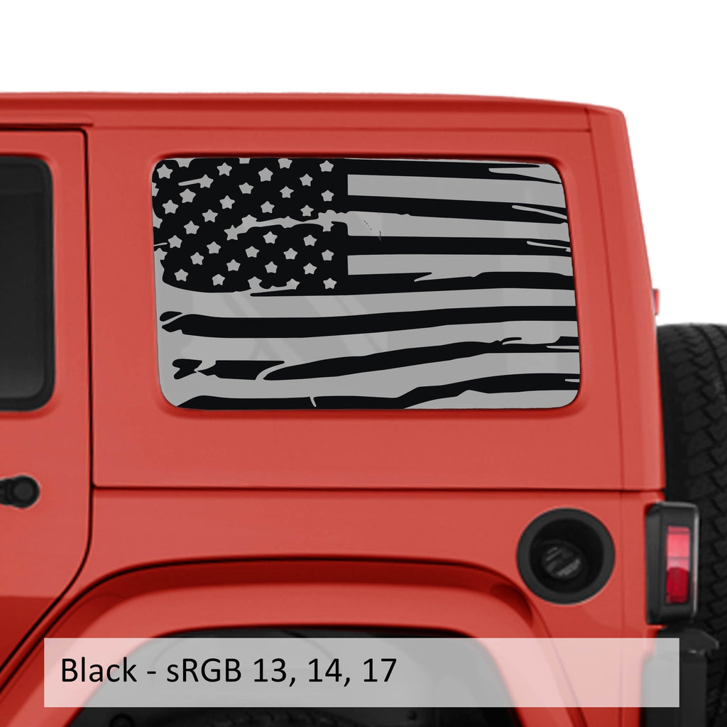 Black tattered American flag transfer decal pair applied to JKU hardtop side windows shown installed