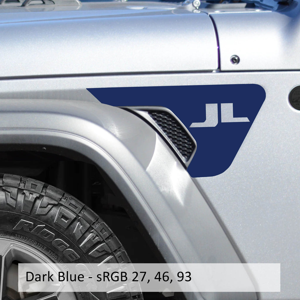 Dark blue JL lettering decal installed on Jeep Wrangler JL factory billet fender vent