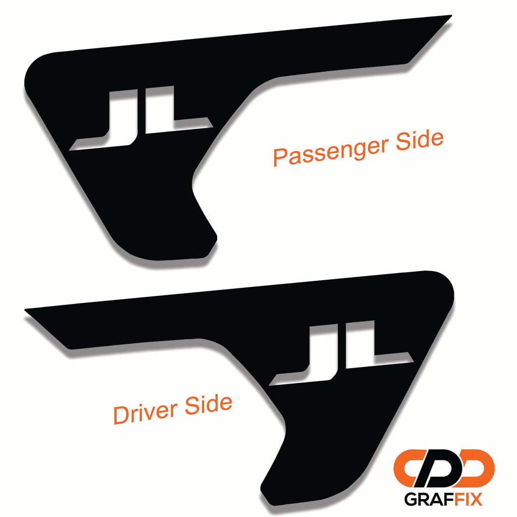JL lettering decal shown installed on Jeep Wrangler JL factory billet style fender vent