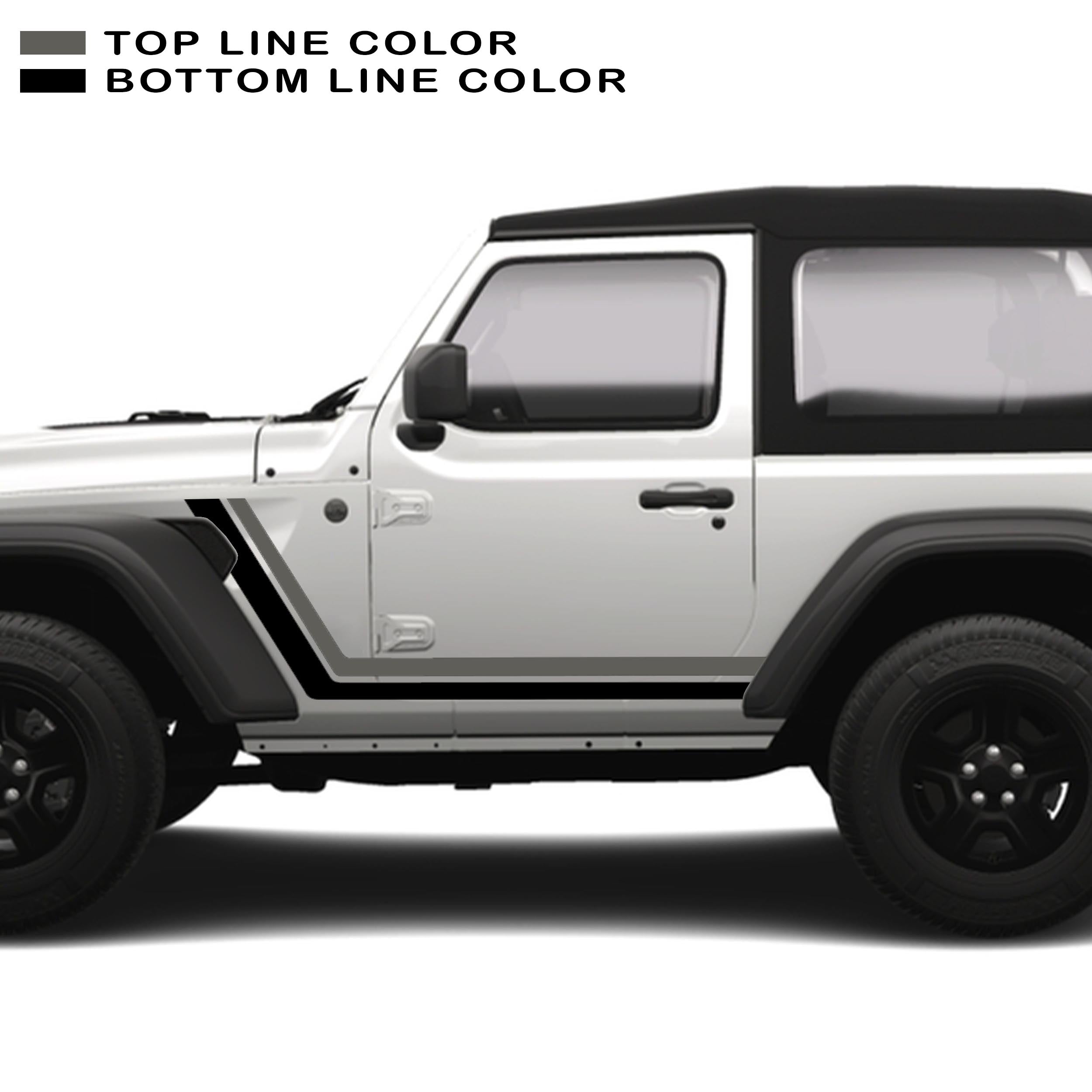 Dark gray and black retro body stripe kit on white Jeep Wrangler JL 2-door 2018+ side door