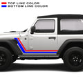 Red and blue retro body stripe kit on white Jeep Wrangler JL 2-door 2018+ side body graphic