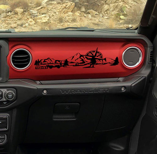 Black 1941 Willys mountain compass dashboard decal on red Jeep JL dash, peaks compass artwork