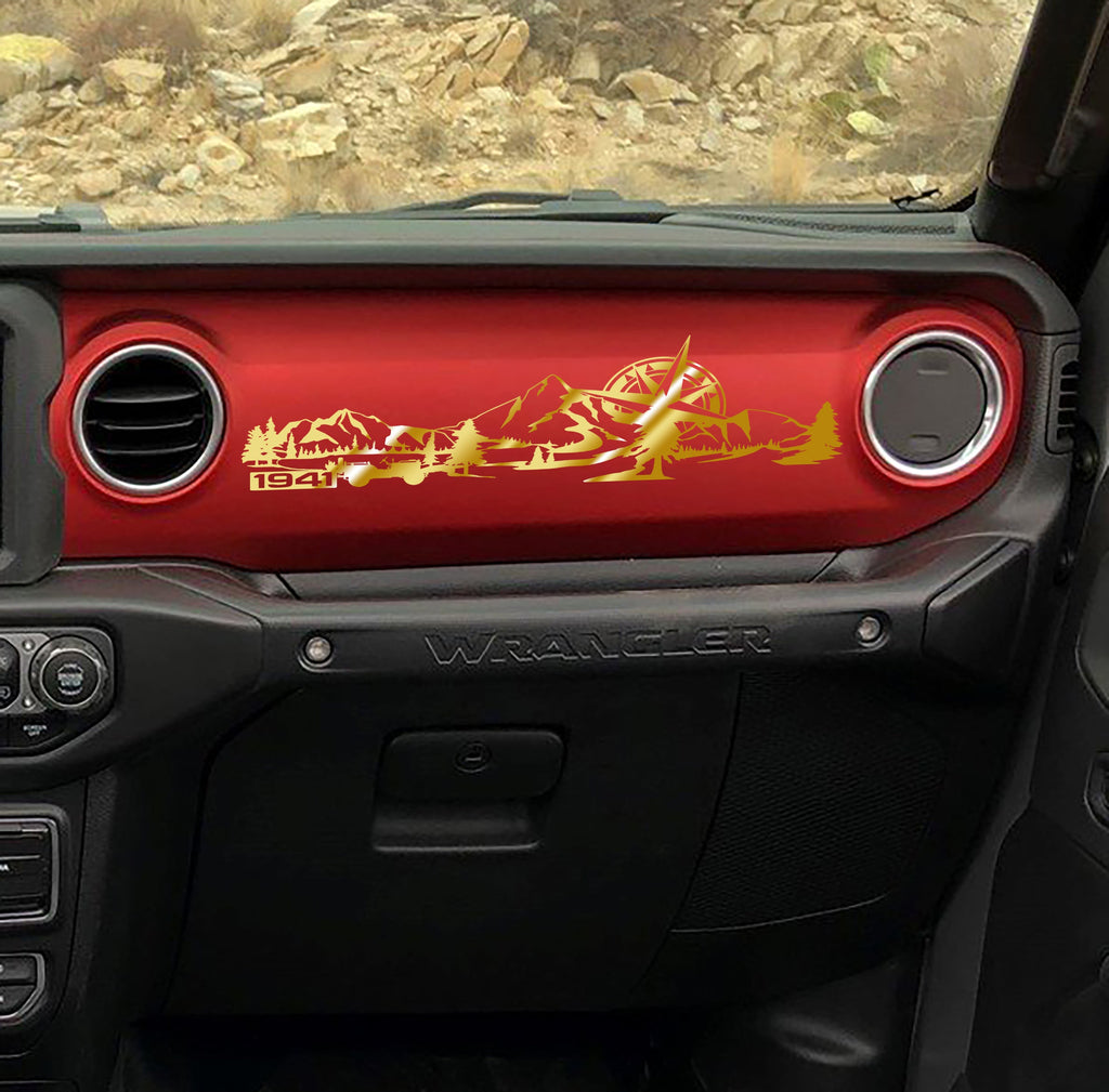 Gold 1941 Willys mountain compass dashboard decal on Jeep JL, peaks compass and pines silhouette