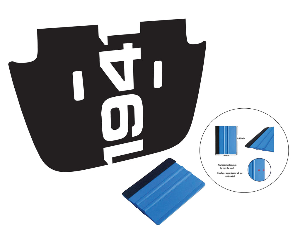 1941 Jeep hood blackout decal in black vinyl with washer cutouts shown with blue squeegee tool