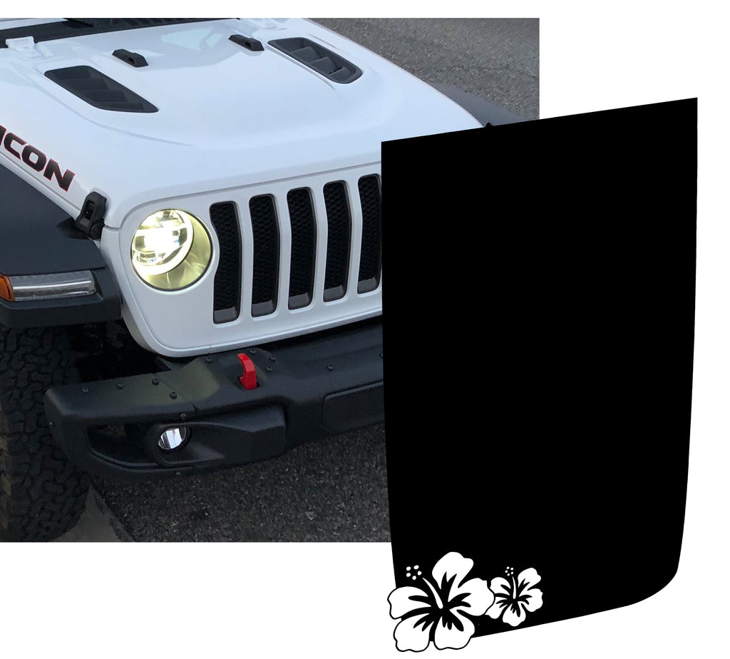 Black hibiscus flowers power-dome blackout hood decal shown on white Jeep Wrangler JL Rubicon