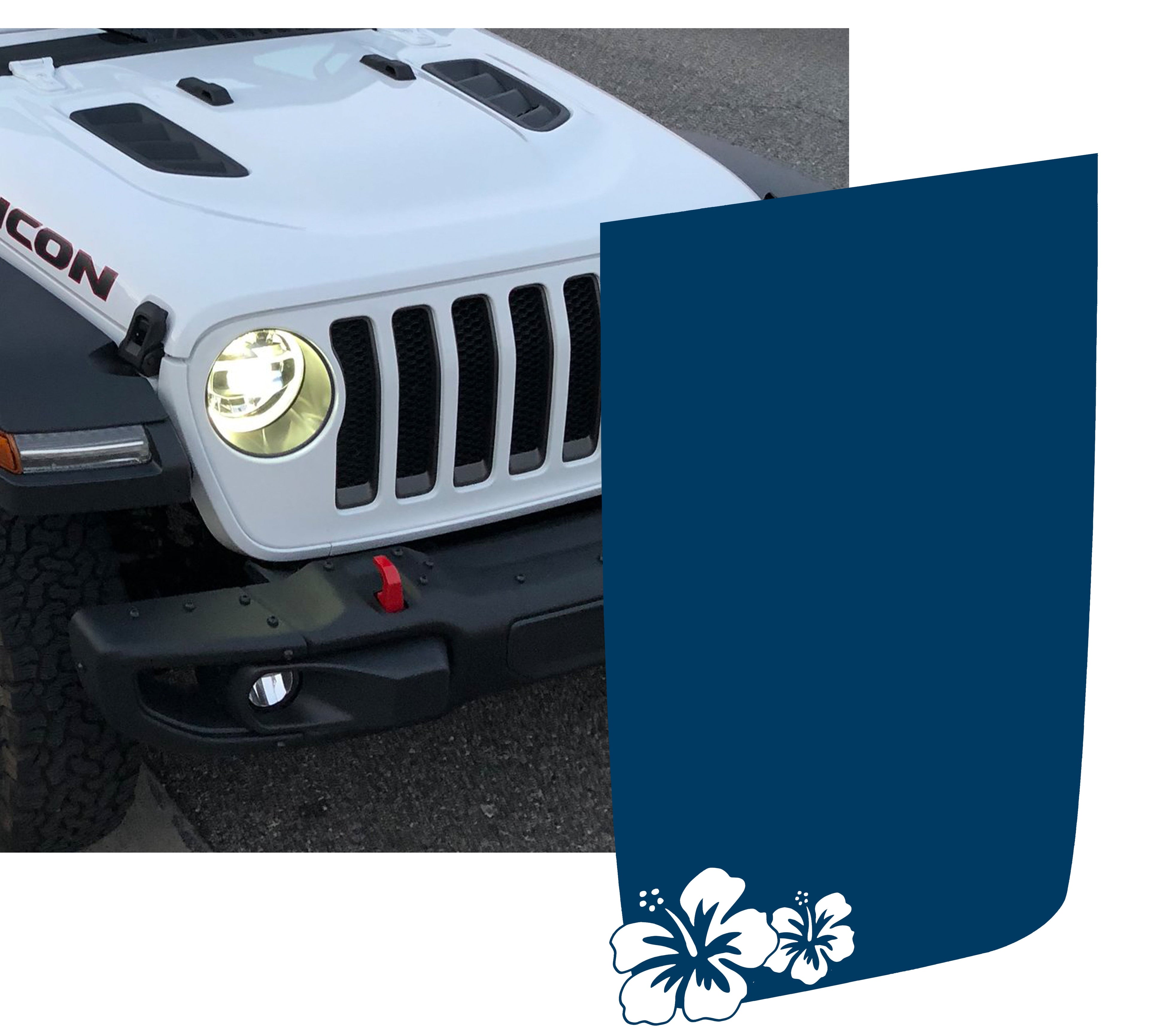 Navy blue hibiscus flower power-dome blackout hood decal for 2018+ Jeep Wrangler JL Rubicon hoods