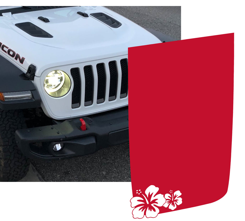 Red hibiscus flowers power-dome blackout hood decal shown on white Jeep Wrangler JL Rubicon hood